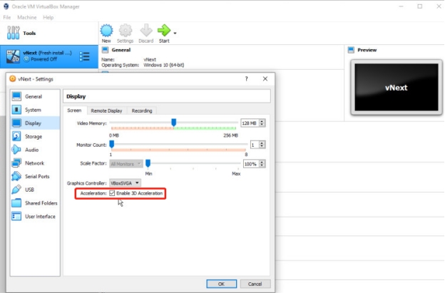 enable 3d acceleration on vm