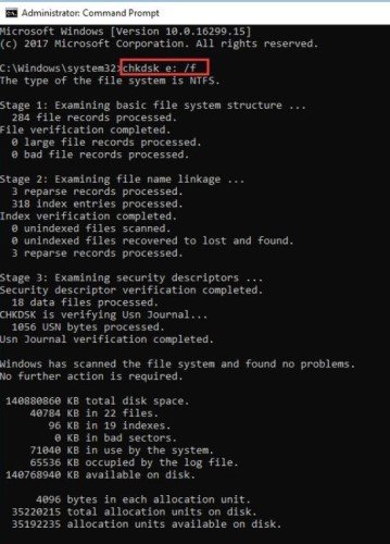 enter chkdsk e f