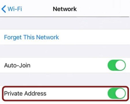 desligue o iPhone Private Adddress