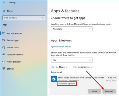 uninstall hevc video extensions