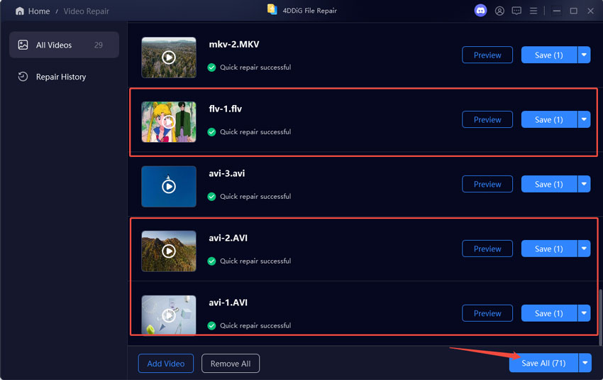 4DDiG Video Repair Quick Repair completed AVI and FLV files