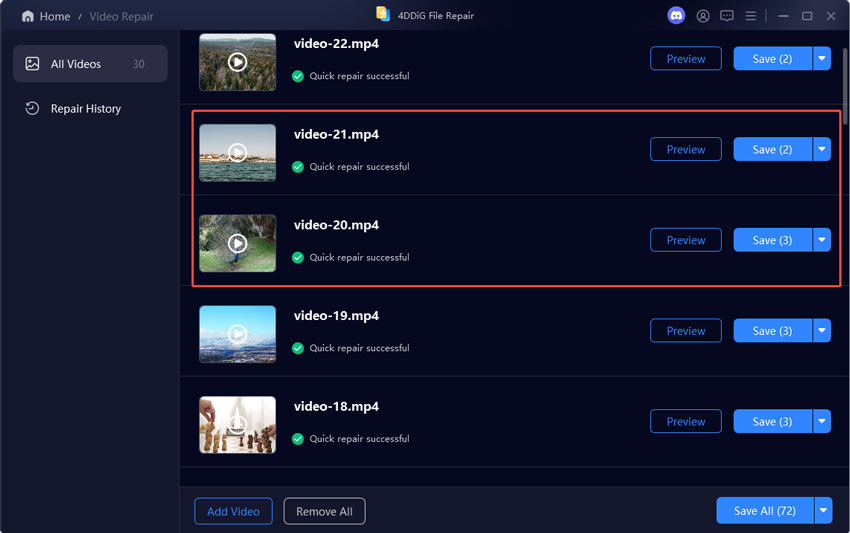 4DDiG Video Repair Quick Repair completed MP4 files