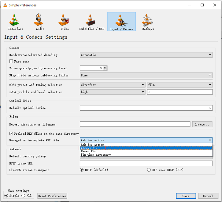 change video file extension to avi and repair it with vlc