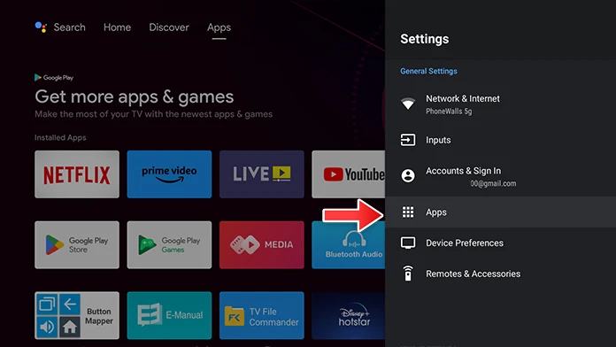 configurações de aplicativos android tv