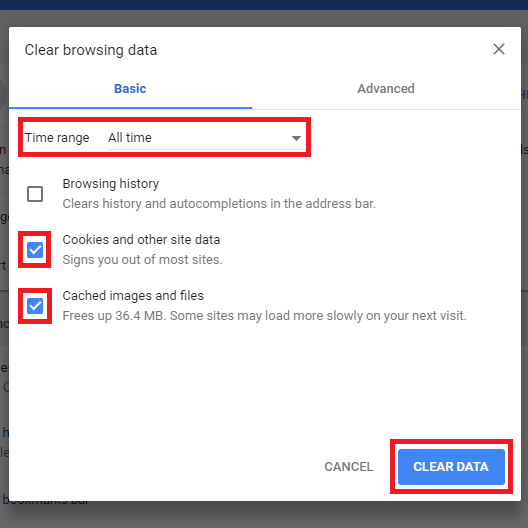 dclear cache and cookies in chrome to fix error code 101102
