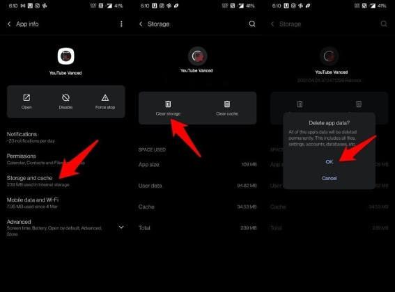 مسح ذاكرة التخزين المؤقت والبيانات على youtube vanced