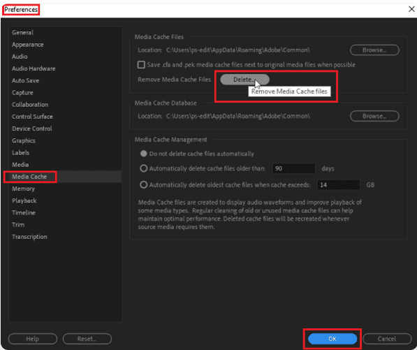 clear premiere pro media cache to fix mp4 no sound