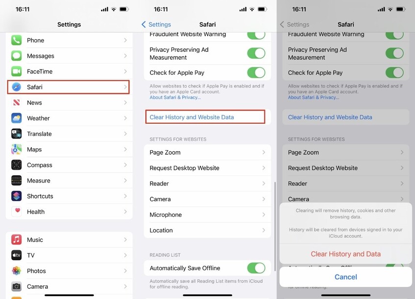 clear iphone safari caches and cookies