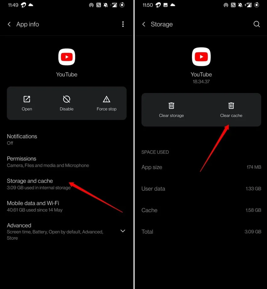 clear youtube app cache on android to fix youtube not working