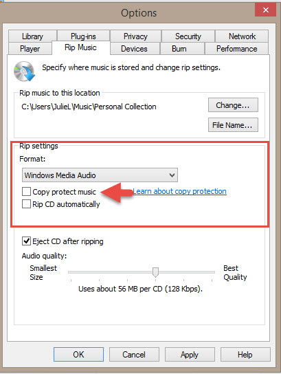 Desactivar la función Protección de copia en el Reproductor multimedia de Windows