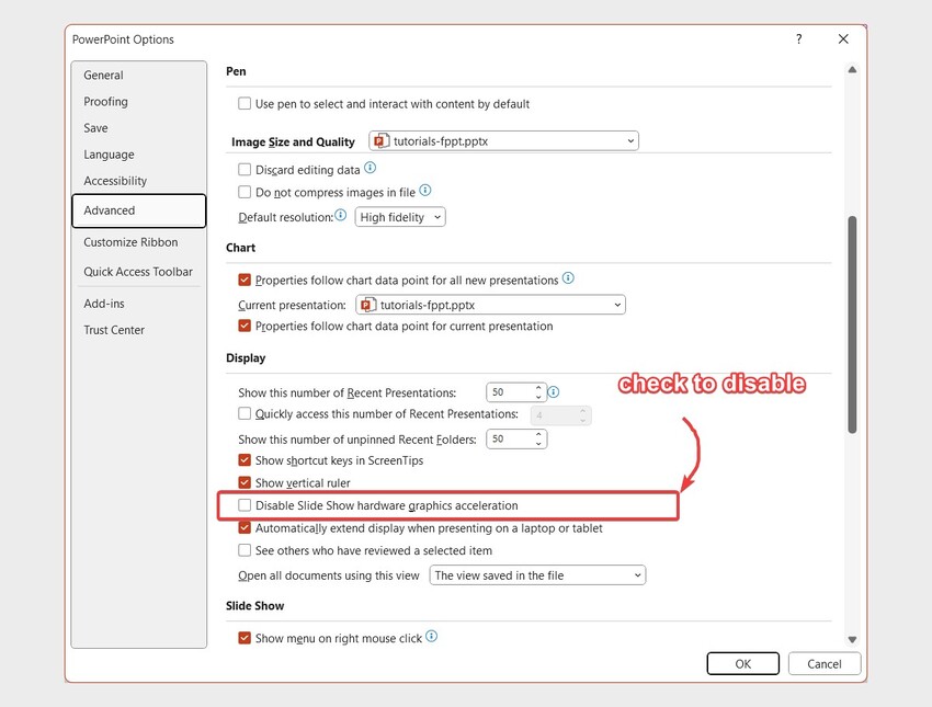 deshabilitar la aceleración de hardware en powerpoint