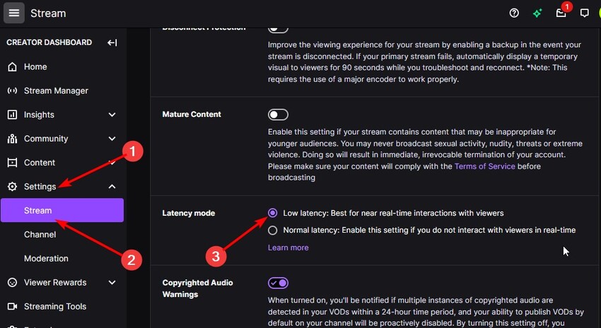 enable low latency mode to fix twitch lagging or buffering