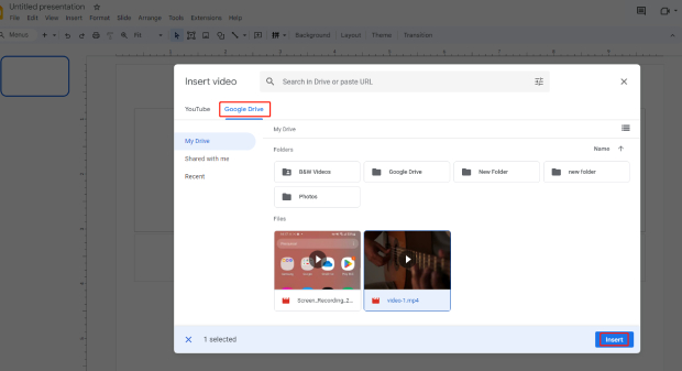 insert downloaded youtube video to fix google slides unable to play video error 150
