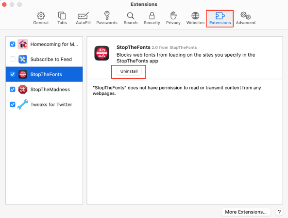 remover extensões do safari para corrigir vídeos que não são reproduzidos no mac