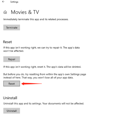 reset movies and tv on windows 10-step-2