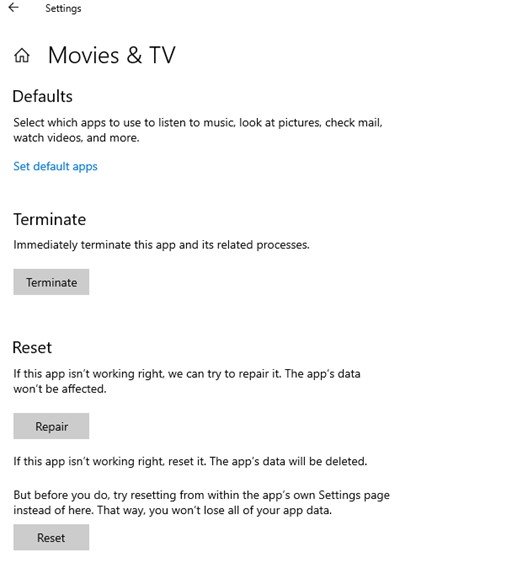 reset or repair movie tv app to fix 0xc00d3e8c error-2