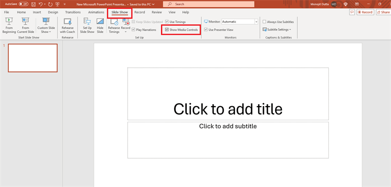powerpoint presentation windows 7 show media controls