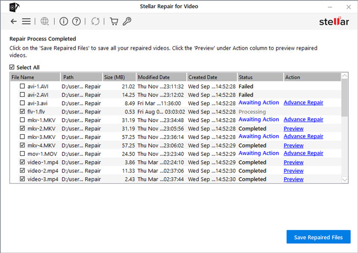 stellar repair for video test result