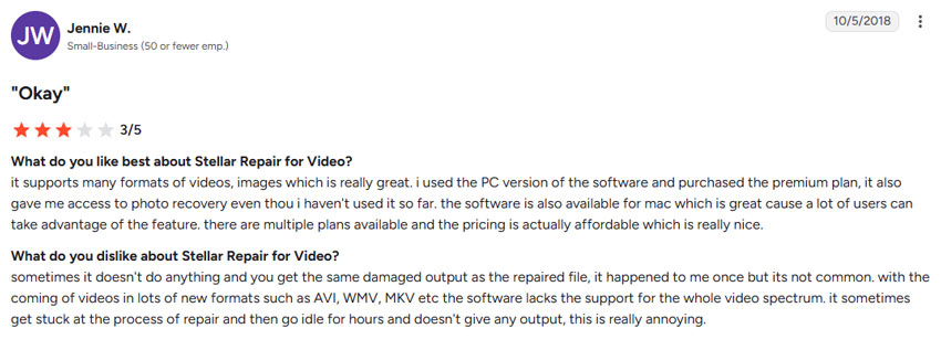 Stellar Repair for Video user review discussing failed repairs