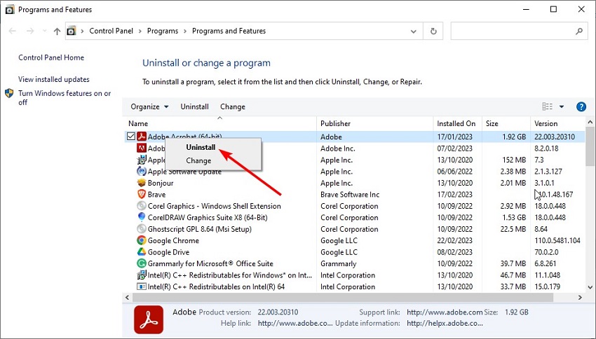 uninstall acrobat to fix adobe there was an error opening this document