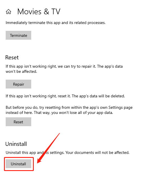 uninstall movies & tv app to fix 0xc00d3e8c error