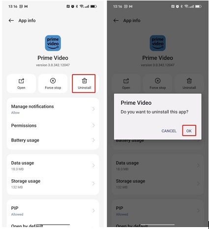 desinstalar la caché de la aplicación Prime Video de Android