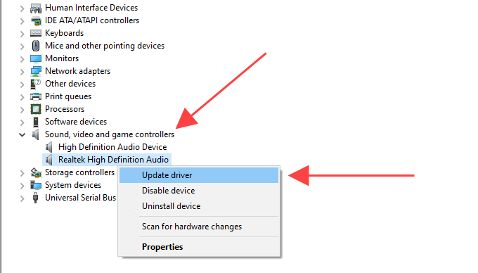 update or uninstall audio driver to fix no sound on windows
