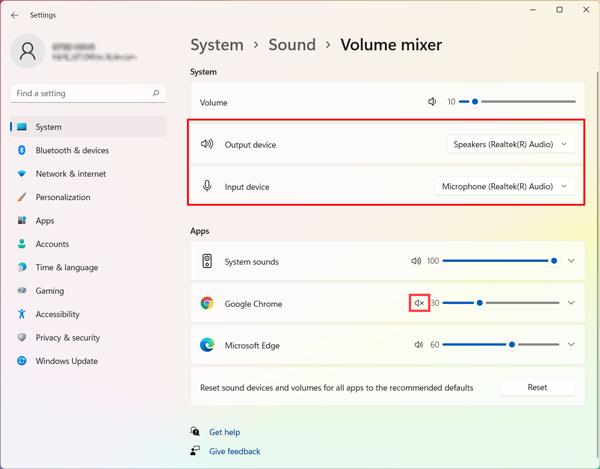 vérifier les périphériques d'entrée ou de sortie du mélangeur de volume Windows