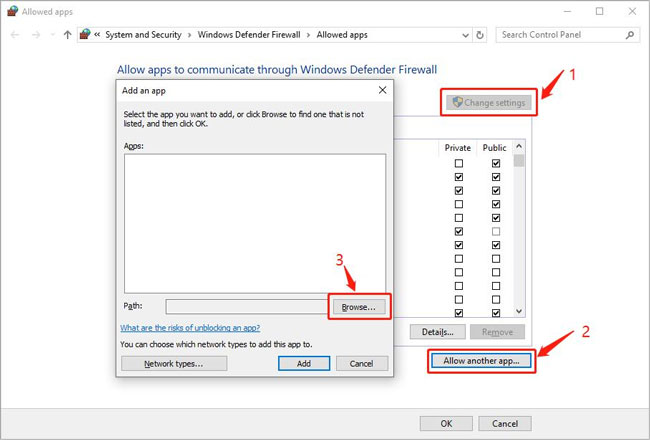 add windows defender firewall allowed apps
