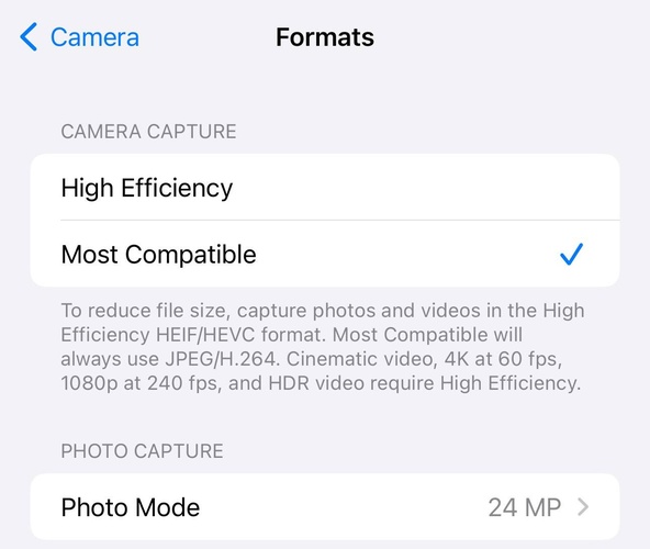 change iphone camera settings to most compatible