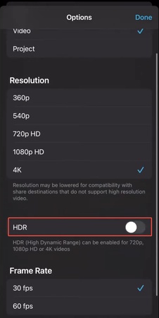 convertir hdr a sdr en iphone iMovie