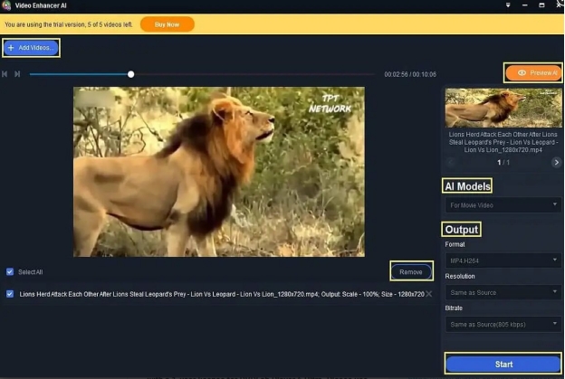 select ai models and resolution on dvdfab video enhancer ai