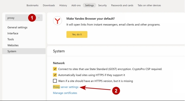 edit yandex browser proxy settings