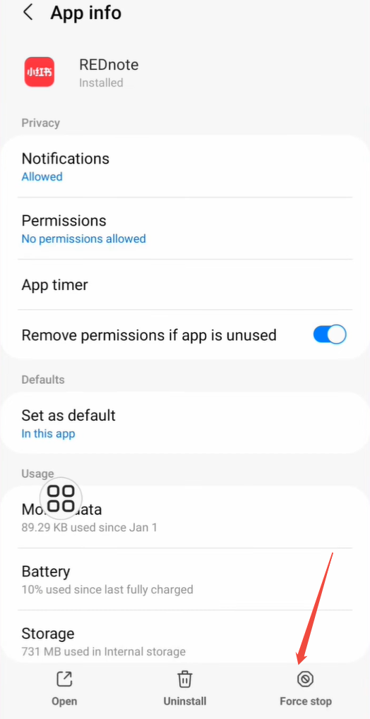 Erzwungenes Stoppen der REDnote App