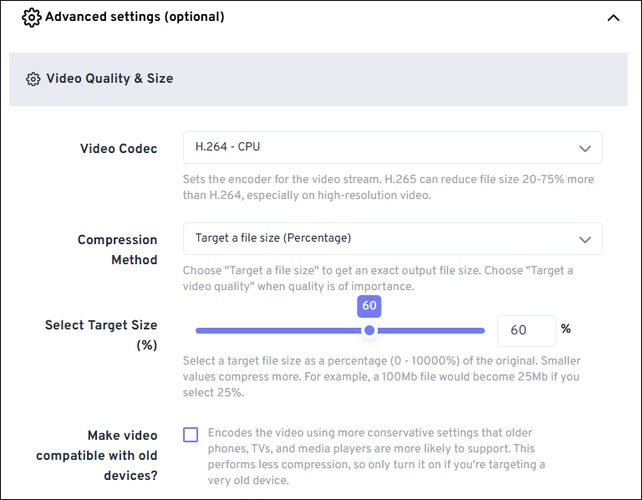 freeconvert video compressor advanced settings