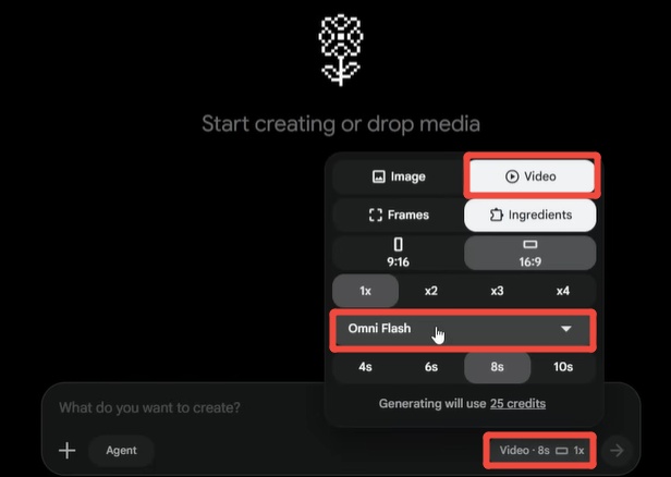 google flow omni flash option