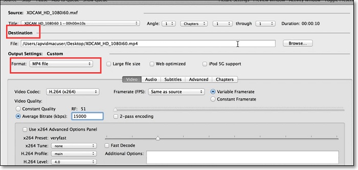 handbrake convert mxf to mp4