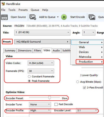 handbrake select preset