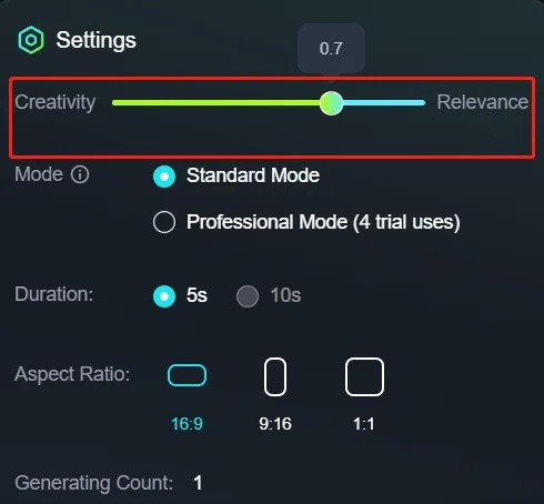 kling ai video generator creativity settings