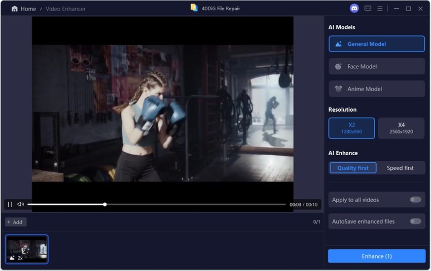 select ai model and resolution option for video enhance to 1080p