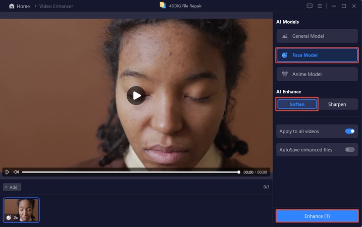 select face model and reset resolution to remove video blemishes
