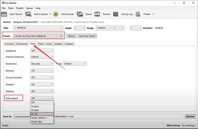 establecer el preajuste de video y el espacio de color en el freno de mano