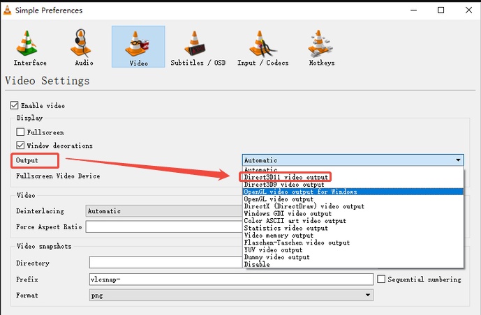 set vlc video output as direct3D11 video output