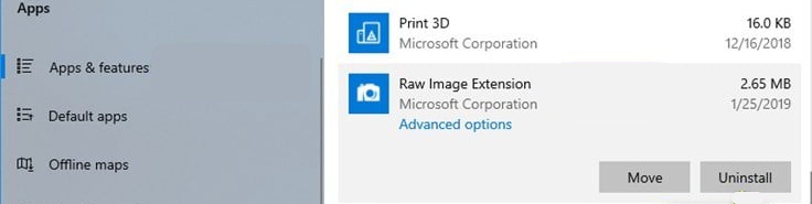 désinstaller raw image extension