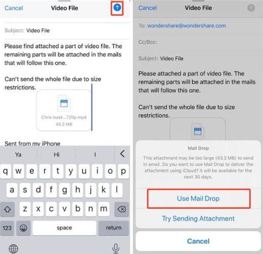 use email drop to send large videos from iphone to android