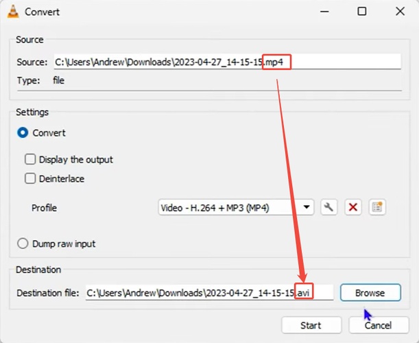 vlc convert mp4 to avi