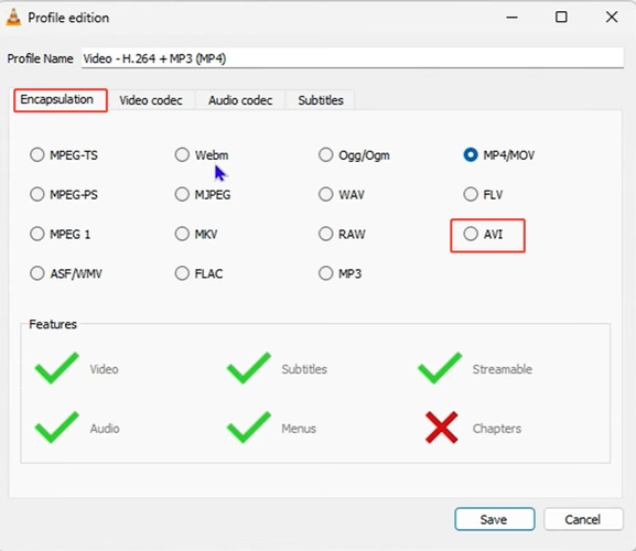vlc encapsulation settings choose avi