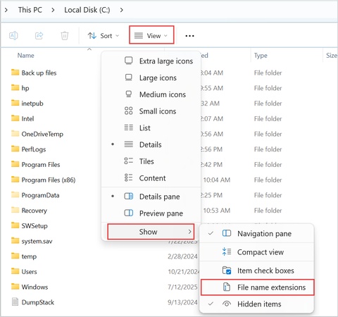 windows view file name extensions