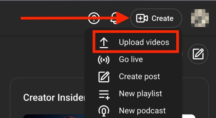 youtube studio upload videos option