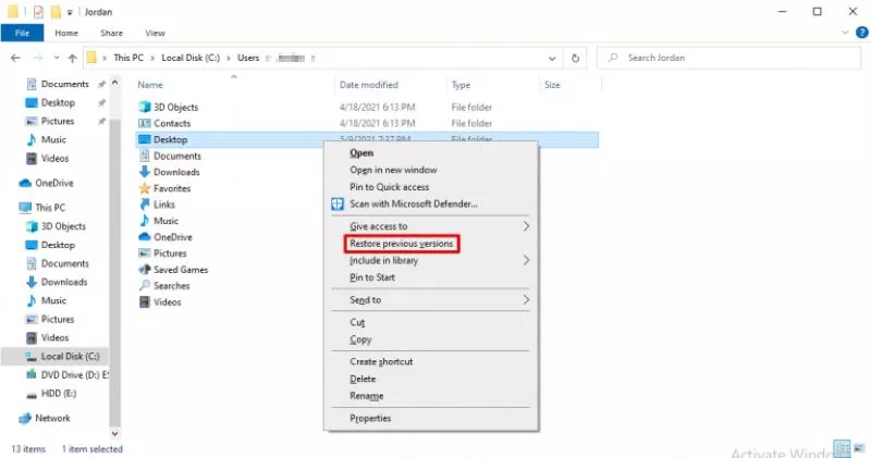 kies de optie herstellen van vorige versies